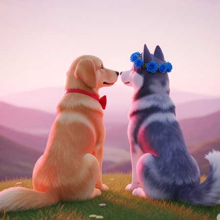 Two cute dogs in a blue wreath on the green grass against the background of the mountainsの写真素材