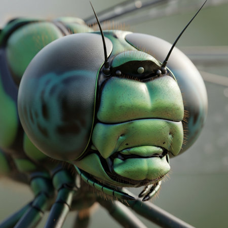 Macro image of a dragonfly's head on a green backgroundの写真素材