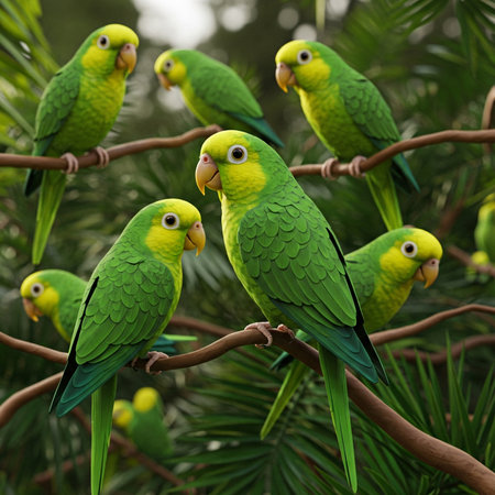 Beautiful green parrots sitting on the branches of a tree.の写真素材