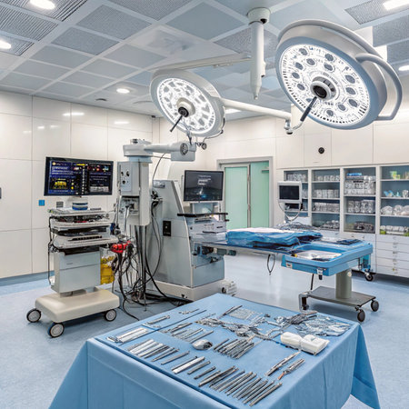 equipment and medical devices in modern operating room take with art lighting and blue filter