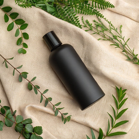 Mockup of a black cosmetic bottle on a beige background with green leaves.の写真素材