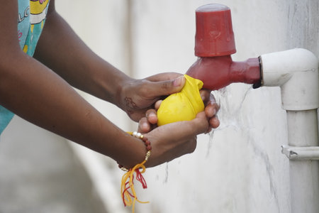 Close up of a person washing hands with a sponge in the streetの写真素材