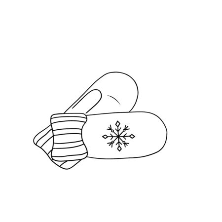 Line art winter clothes accessories: mittens with snowflake. Outline black and white illustration. Coloring book page. Can be used for Christmas and New year holiday decoration.の写真素材