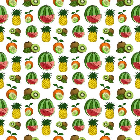 Cartoon seamless pattern with hand drawn fruits: pineapple, orange, watermelon and kiwi on white background. Colorful print for textile, fabric, wrapping paper, candy wrapper and web design.の写真素材