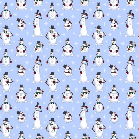 Cartoon seamless pattern with Christmas and New year holiday characters: various snowmen and snowflake on sky blue background for invitations, greeting card, textile, wrapping paper design.の写真素材