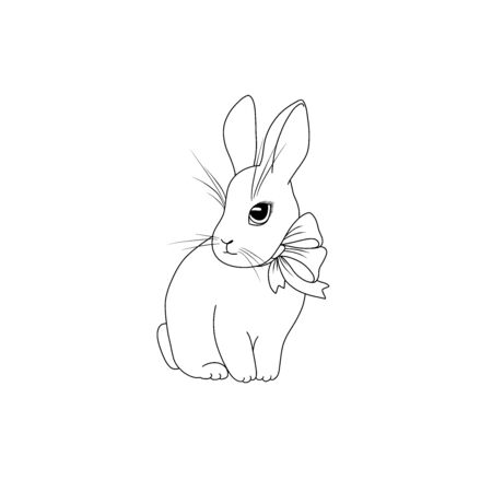 Cute outline bunny with bow. Hand drawn cartoon rabbit on white background. Black and white illustration for coloring book, kids print. Perfect for Happy Easter holiday and spring decoration.の写真素材