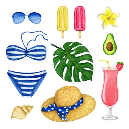 Summer sea set. Watercolor tropical beach accessory: sunglasses, bikini swimwear, palm leaf, plumeria, seashell, avocado, cocktail, ice cream. Hand drawn design elements isolated on white backgroundの写真素材