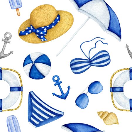 Watercolor marine seamless pattern with hand drawn summer sea yacht equipment, accessories: anchor, lifebuoy, sunglasses, swimsuit, sun umbrella, seashell for wrapping paper, textile, scrapbookingの写真素材