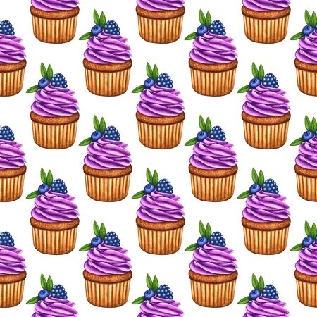 Watercolor cupcake seamless pattern. Muffin/cake with purple cream, blueberry, blackberry, leaves. Hand drawn holiday background for design print, card, wrapping paper, textile, fabric, scrapbookingの写真素材