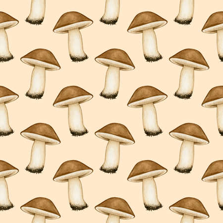 Watercolor seamless pattern with forest edible mushroom with brown cap, cooking ingredient. Background with hand drawn autumn elements for design poster, textile, card, wrapping paper, scrapbookingの写真素材