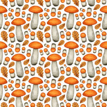 Seamless pattern with watercolor aspen mushroom and autumn leaf. Orange cap boletus / birch bolete. Edible forest fungi. Hand drawn background for print, wrapping paper, textile, fabric, scrapbookingの写真素材