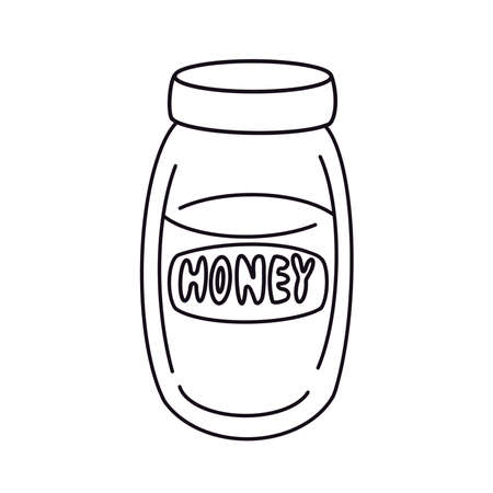 Outline glass jar with lettering honey. Sweet food, preserve product for pantry / supply cellar. Hand drawn design element isolated on white background. Line art cartoon illustration, coloring book pageの写真素材