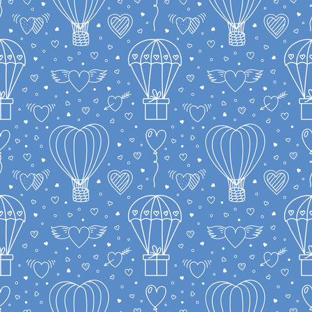 Vector Doodle Love Symbols Blue White Seamless Pattern. Heart Shape Hot Air Balloon, Parachute Gift, Hearts, Wings. Holiday background for Valentines Day design scrapbooking, wrapping paper, textileのイラスト素材