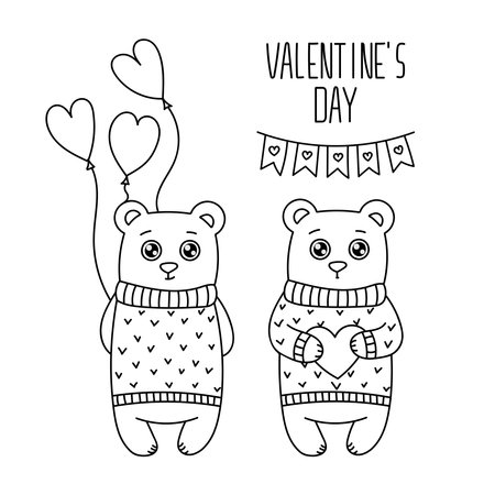 Vector Doodle style Cute Sweater Bears with Love Symbols and lettering Valentines Day. Set of cartoon characters with Heart, Balloons, Flags. Holiday design elements isolated for greeting card, posterのイラスト素材