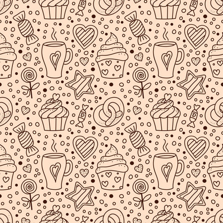 Holiday Pastry, Dessert Doodle vector seamless pattern. Sweet Food and Cup of Coffee. Cupcakes, Candies, Cookies, Hearts. Tea Party background for cafe menu, scrapbooking, wrapping, package paperのイラスト素材