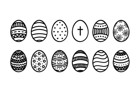 Vector Doodle Outline Easter Eggs Set. Traditional Holiday Painted Eggs. Hand drawn line art elements isolated. Black and white contour drawing collection for design card, poster, coloring book pageのイラスト素材
