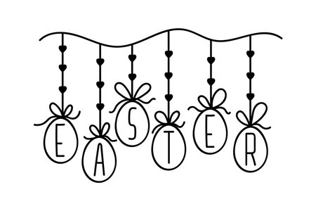 Vector Doodle Outline Easter Garland. Eggs Hanging on a rope with hearts. Hand drawn line art element isolated. Black and white contour drawing illustration for design card, poster, coloring book pageのイラスト素材