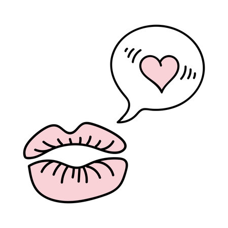 Vector Doodle Kissing Pink Lips with Speech Bubble. Lipstick imprint, Heart Love message. Valentines Day cartoon contour illustration. Hand drawn icon, element isolated for design card, posterのイラスト素材
