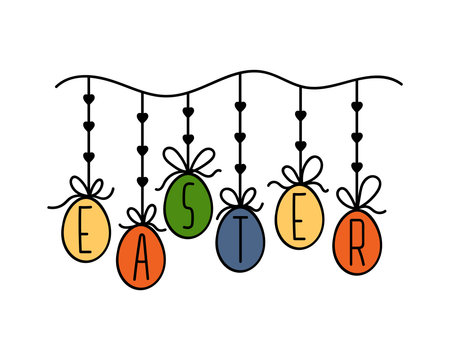 Vector Cartoon Easter text Garland. Painted Eggs Hanging on a rope. Colorful Holiday Doodle banner. Hand drawn element isolated. Multicolor drawing illustration for design card, poster, invitationのイラスト素材