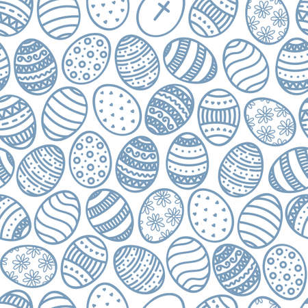 Vector Doodle Easter Eggs seamless pattern. Cartoon hand drawn traditional religious Holiday symbols. Cute blue white background, backdrop for design print, wrapping paper, packaging, textileのイラスト素材