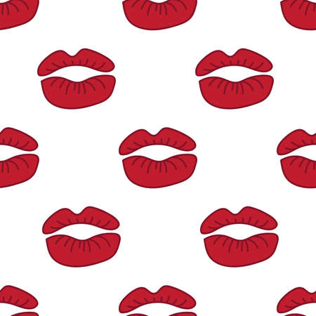 Valentine's Day vector seamless pattern. Kisses, Sexy red Lips on white background. Love emotion. Makeup, cosmetics, fashion. Template, texture for print, poster, card, textile, wrapping paperのイラスト素材