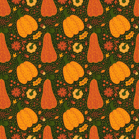 Cartoon Autumn vector seamless pattern. Hand drawn Pumpkin, falling leaves, mushroom and berries. Fall season, Harvest. Thanksgiving Day background for prints, fabric, textile, wrapping, invitationのイラスト素材
