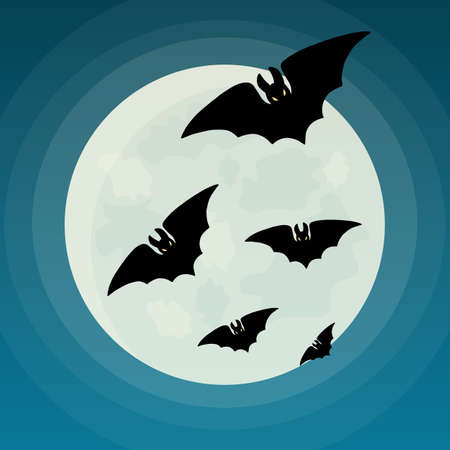 Spooky flying Vampire Bat black silhouette and big Full Moon, Halloween Night blue background. Scary cartoon horror vector illustration for print design, holiday party decoration, card, invitationのイラスト素材