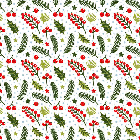 Christmas seamless Pattern. Winter plants. Red Holly berry, green leaves, Fir, Pine branch, Spruce twig, snowfall. Vector background for Holiday print, textile, invitation, package, wrap, gift paperのイラスト素材