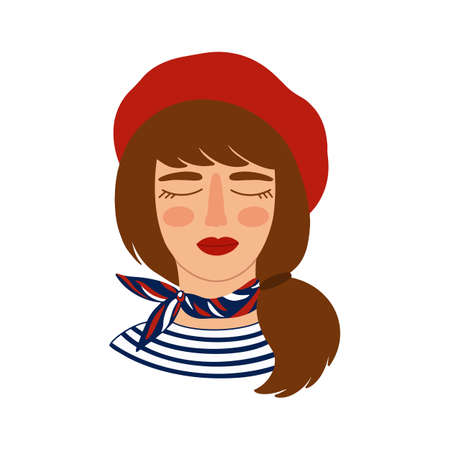 Portrait of young beautiful Girl wearing French style clothes apparels - red beret, striped t-shirt, neck scarf. Parisian Woman with red lips, closed eyes. Vector flat fashion illustrationのイラスト素材