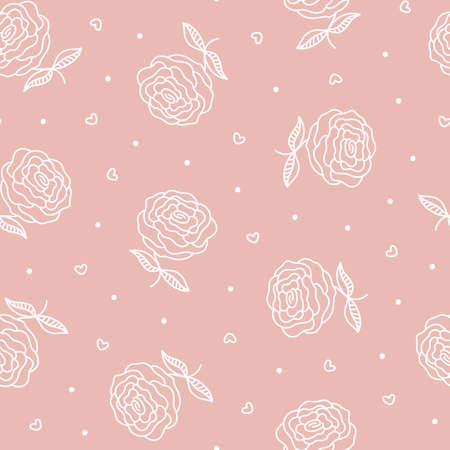Vintage outline Roses seamless pattern. White flowers on pale pink background. Hand drawn Garden Plants. Floral vector background for romantic fashion print design, fabric, textile, scrapbookingのイラスト素材