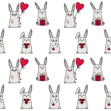 Romantic Cartoon Bunny Seamless Pattern. Cute Rabbits with Love Symbols - Red Hearts, Heart shape Balloon, Gift. Happy Valentines Day Holiday vector background for textile, fabric, wrapping paperのイラスト素材