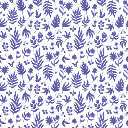 Purple Floral seamless pattern. Flowers, Leaves, Branches and berry on white background. Lavender color abstract Plants in Silhouette. Vector texture for fashion textile print, fabric, wrapping paperのイラスト素材