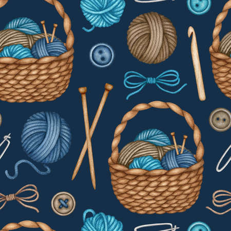 Watercolor Knitting Tools in Wicker Basket seamless pattern. Wool Yarn Balls, Skein, Wooden Knitting...