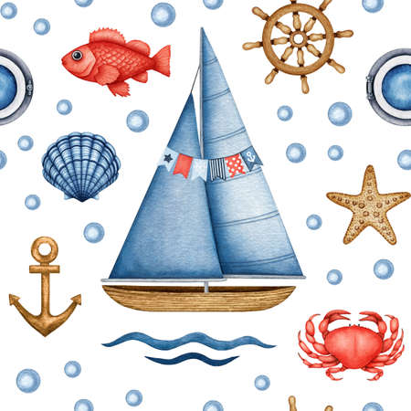 Watercolor Nautical seamless pattern. Hand drawn Sailboat, Underwater Animals, Ship Equipment - anchor, steering wheel, porthole. Sea Life. Maritime background for nursery print, fabric, textileの写真素材