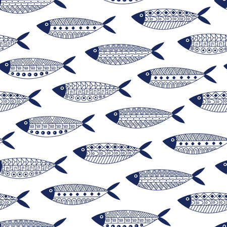 Decorative Fishes with traditional Mexican Aztec, Mayan Ethnic Ornament Seamless Pattern. Outline Hand drawn Ancient tribal Inka style Sea Animal texture. Marine life vector background, coloring pageのイラスト素材