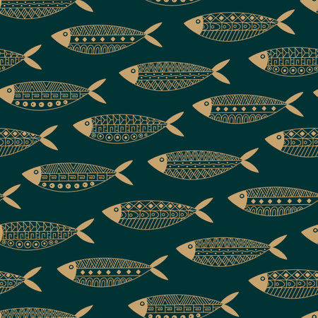 Decorative Fishes with traditional Mexican Indians Ethnic Ornament Seamless Pattern. Aztec, Mayan, Inca, Ancient tribal style texture. Sea Animal. Outline Hand drawn Marine Life vector backgroundのイラスト素材
