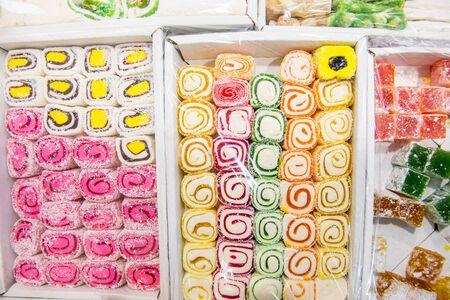 Eastern sweets in a wide range, baklava, Turkish delight.の写真素材