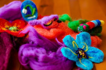 Felting wool, wool products, flower made of woolの写真素材