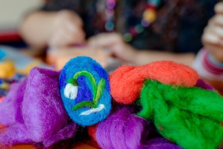 Felting wool, wool products, flower made of woolの写真素材