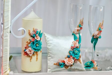 Beautiful wedding glasses are on the table.の写真素材