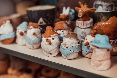 child work, ceramics stands on a shelf and dryの写真素材