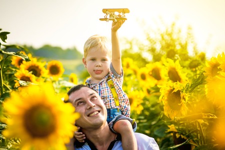 Happy Father with son on the sunflower field. Little boy playing with toy airplane outdoors with fatherの写真素材