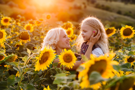 Mom and daughter in the field of sunflowersの写真素材