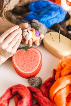 Manufacturing process from wool soft toys.の写真素材