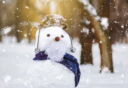Sculpture of snow. Funny snowman in a hat in the parkの写真素材