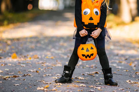 Happy Halloween! Cute little witch with a basket in the parkの写真素材