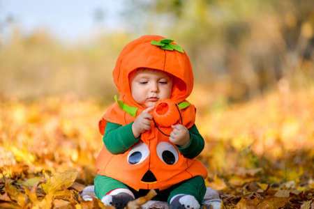 Child in pumpkin suit on background of autumn leaves