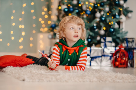 Dreamy little boy writing a letter to Santa Claus lying on the floor in a decorated room, waiting for gifts and a miracleの写真素材