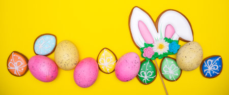 Easter pastry background. Colorful icing Easter cookies, with different symbols and decorations....
