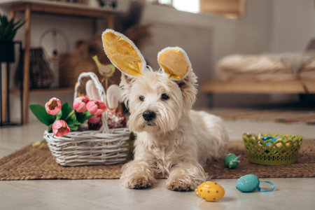 A cute fluffy West Highland White Terrier with bunny ears on his head sits near a basket of tulip flowers and Easter cake surrounded by painted eggs from a small basketの写真素材